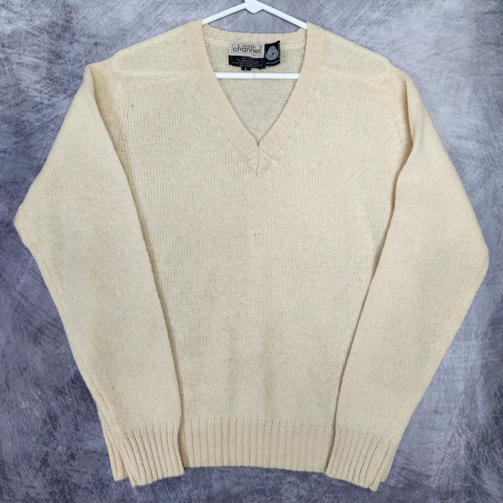 Vintage 90s Cream 100% Wool V Neck Sweater Large Light Academia Layering
